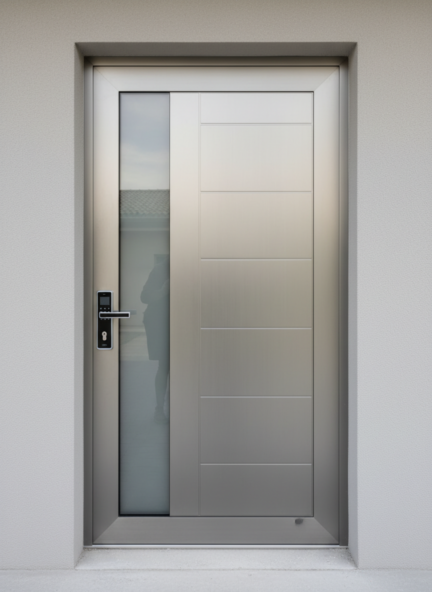 A modern aluminum entry door with brushed metallic texture and precise geometric paneling, featuring a frosted glass insert and a sleek, integrated smart lock. The door is fitted into a neutral-toned, freshly painted building facade with clean architectural lines. The scene is illuminated by diffused daylight, enhancing the reflective surfaces and casting gentle, balanced shadows around the frame. The composition is centered, shot at eye-level, with a clear, sharp focus that emphasizes the door’s craftsmanship. The mood is professional yet welcoming, embodying a clean, photographic realism that highlights the high quality and reliability of the business’s products.