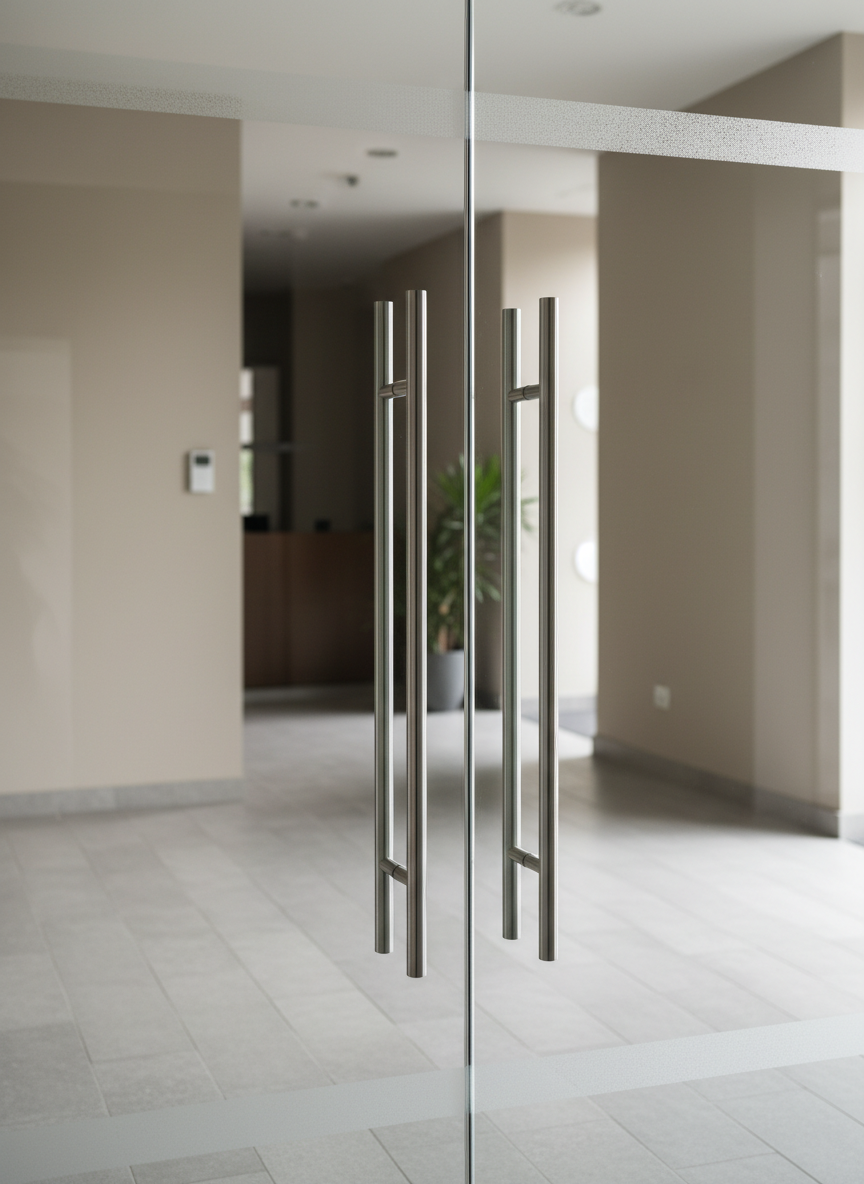 A detailed close-up of a chic, frameless glass door with refined stainless steel handles and soft, sandblasted frosting along the edges. The door is installed in a minimalist apartment lobby with light gray stone flooring and smooth, pale walls. Cool, overcast ambient lighting creates subtle highlights on the glass and metal surfaces, emphasizing transparency and cleanliness. The composition follows an asymmetric rule of thirds, with a shallow depth of field that softly blurs the background and sharpens the focus on the door hardware. The image feels sophisticated and composed, reflecting a meticulous, corporate aesthetic suited to modern residential buildings.