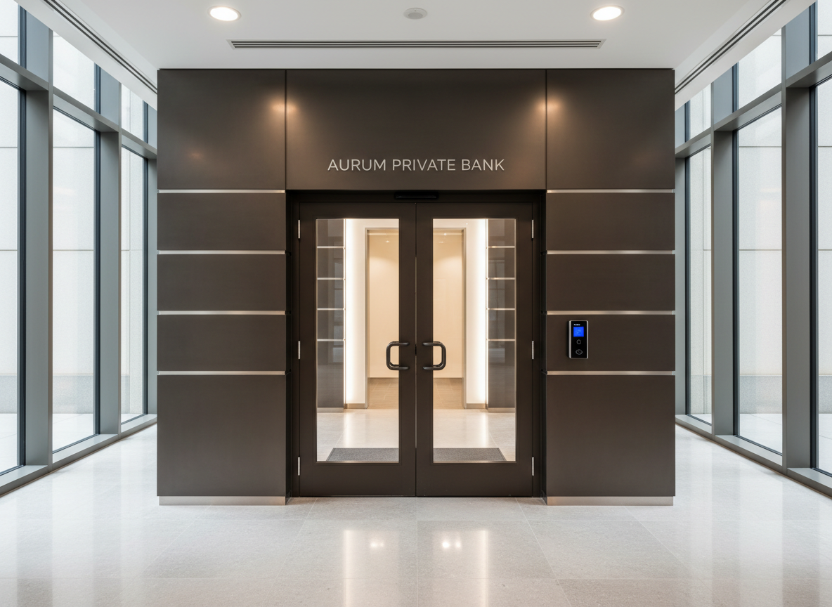 A sophisticated bank entrance system with double aluminum doors wrapped in dark bronze anodized coating, featuring full-length vertical glass panels and smart card access module. The doors are recessed within a spacious, understated corporate foyer, complemented by stone wall cladding and brushed metal accents. Bright daylight from tall lobby windows creates crisp reflections on metal and glass, while controlled lighting eliminates harsh shadows. The wide-angle, straight-on composition ensures full visibility of design and access features. The scene exudes trustworthiness and professionalism with a polished, structured, and photographic corporate style.
