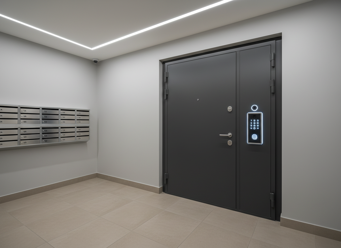A robust, aluminum security door for an apartment building, featuring a durable anthracite finish and a flush-mounted digital keypad with illuminated numbers. The door is framed by a well-organized lobby interior showcasing neutral tile floors, matte wall paint, and a built-in mailbox array. Overhead, cool white artificial lighting provides even, shadow-free illumination, accentuating the structured lines and technical details. Captured from a slight low-angle perspective to enhance the door’s presence, the composition is sharply in focus with clean edges. The mood is secure and professional, embodying the site’s emphasis on safety, quality, and technological reliability.