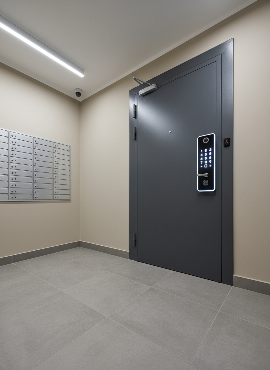 A robust, aluminum security door for an apartment building, featuring a durable anthracite finish and a flush-mounted digital keypad with illuminated numbers. The door is framed by a well-organized lobby interior showcasing neutral tile floors, matte wall paint, and a built-in mailbox array. Overhead, cool white artificial lighting provides even, shadow-free illumination, accentuating the structured lines and technical details. Captured from a slight low-angle perspective to enhance the door’s presence, the composition is sharply in focus with clean edges. The mood is secure and professional, embodying the site’s emphasis on safety, quality, and technological reliability.