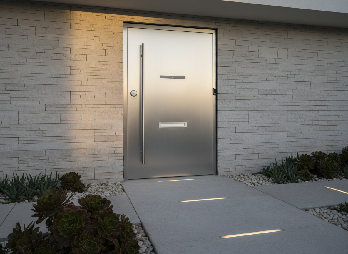 A minimalistic aluminum site entry door equipped with an ultra-discreet built-in sensor and smart chip-enabled lock, paired with a horizontal mail slot. The door is seamlessly integrated into a contemporary residential complex entryway, surrounded by textured stone siding and neat landscaping. Soft, late afternoon sunlight gently illuminates the doorway, creating long, elegant shadows and enhancing the metallic sheen. The composition uses leading lines from the pathway, captured at a slightly elevated angle, to draw the eye toward the sleek entrance. The mood is refined and secure, with a clean, photographic modernism that emphasizes innovative site access solutions.