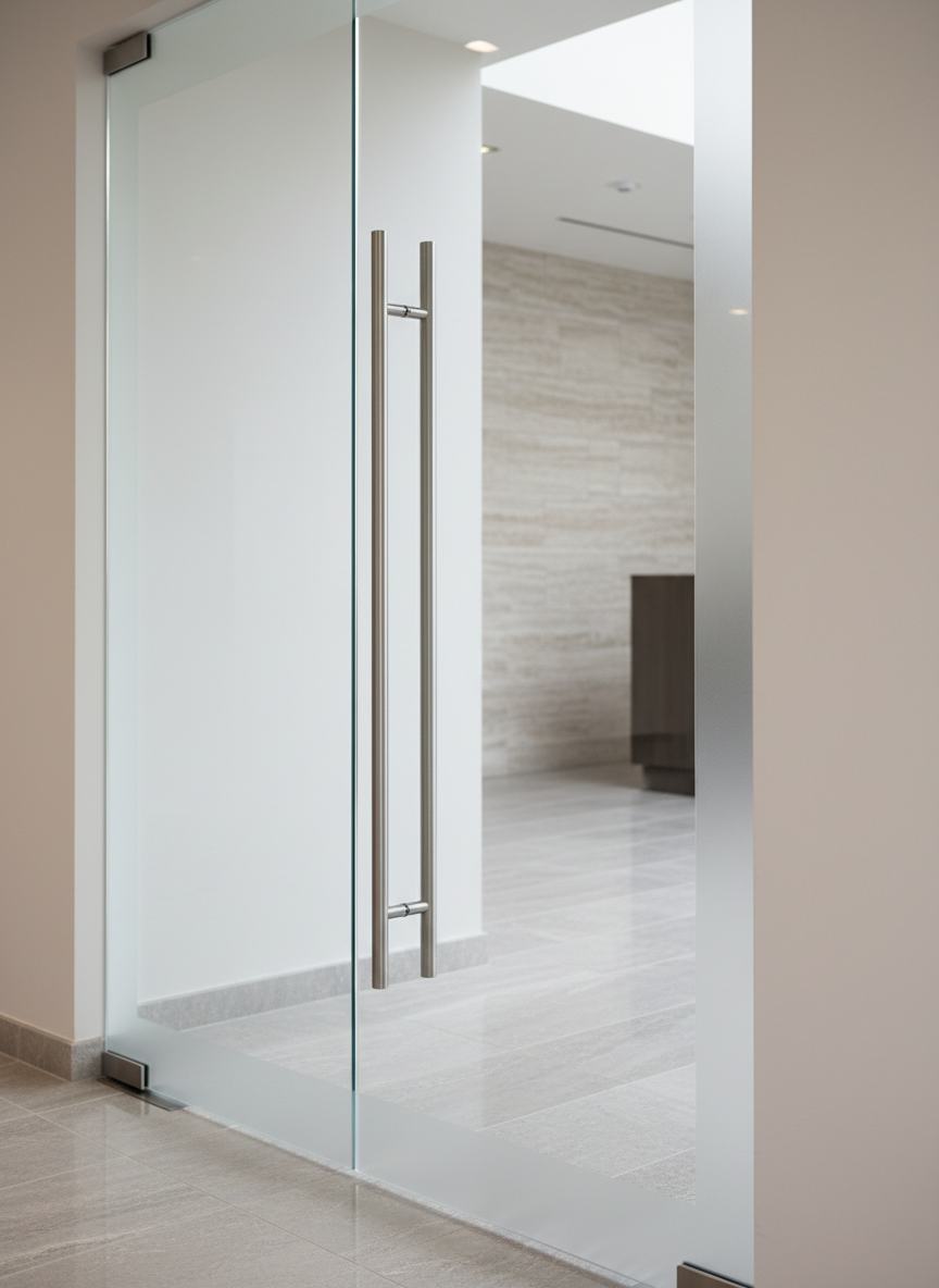A detailed close-up of a chic, frameless glass door with refined stainless steel handles and soft, sandblasted frosting along the edges. The door is installed in a minimalist apartment lobby with light gray stone flooring and smooth, pale walls. Cool, overcast ambient lighting creates subtle highlights on the glass and metal surfaces, emphasizing transparency and cleanliness. The composition follows an asymmetric rule of thirds, with a shallow depth of field that softly blurs the background and sharpens the focus on the door hardware. The image feels sophisticated and composed, reflecting a meticulous, corporate aesthetic suited to modern residential buildings.
