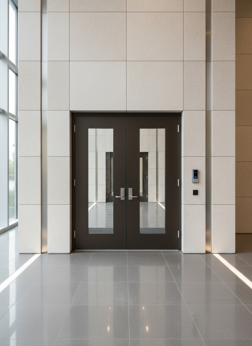 A sophisticated bank entrance system with double aluminum doors wrapped in dark bronze anodized coating, featuring full-length vertical glass panels and smart card access module. The doors are recessed within a spacious, understated corporate foyer, complemented by stone wall cladding and brushed metal accents. Bright daylight from tall lobby windows creates crisp reflections on metal and glass, while controlled lighting eliminates harsh shadows. The wide-angle, straight-on composition ensures full visibility of design and access features. The scene exudes trustworthiness and professionalism with a polished, structured, and photographic corporate style.
